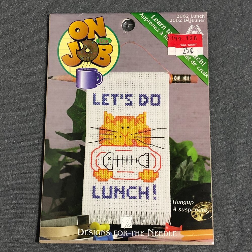 On the Job Learn to Cross Stitch Kit #2062 Let's Do Lunch! Cat/Fish 2.5" x 4.25"